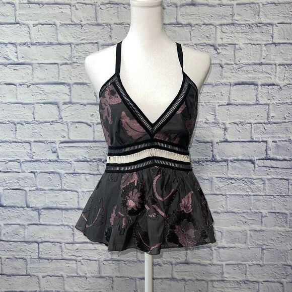 Metallic Floral Fil Coupe Peplum Tank, Black/Camellia - Picture 3 of 14